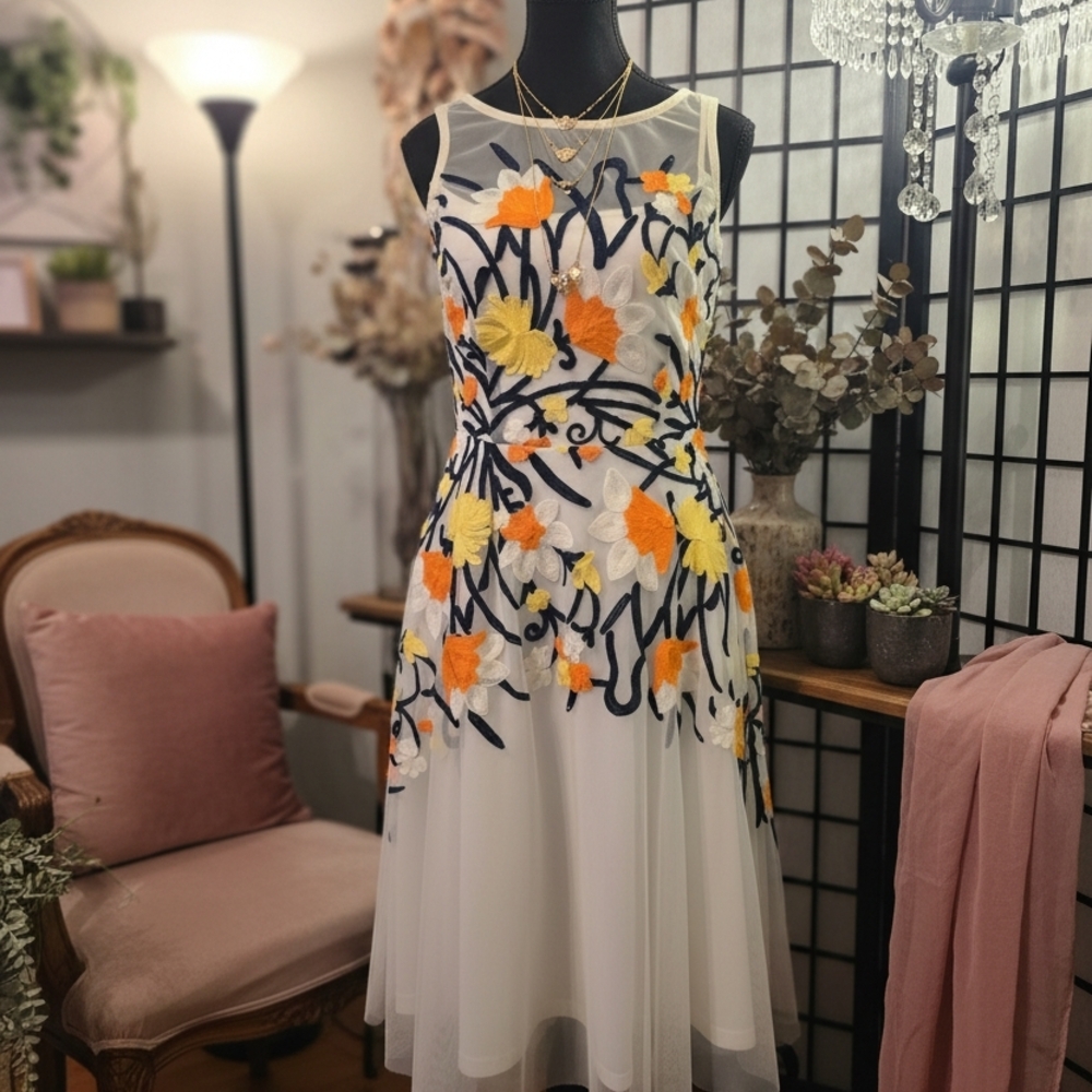 Eva Franco White Midi Dress with Orange and Yellow Floral Design